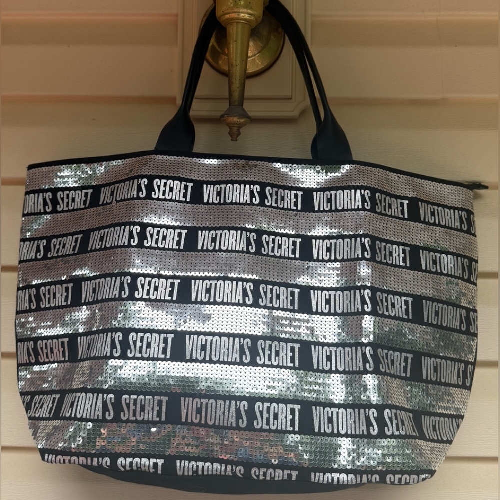 Victoria’s Secret Large Sequin Tote Bag Silver Black Stripes 23x14x6” NWOT - Picture 3 of 11
